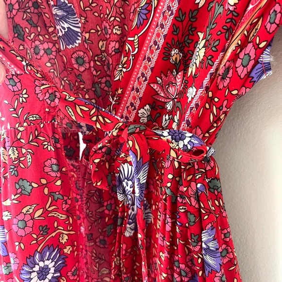 Maxi Dress Red Wrap V Neck Short Sleeve Front Split Summer Floral Belted, Size S - Picture 3 of 10